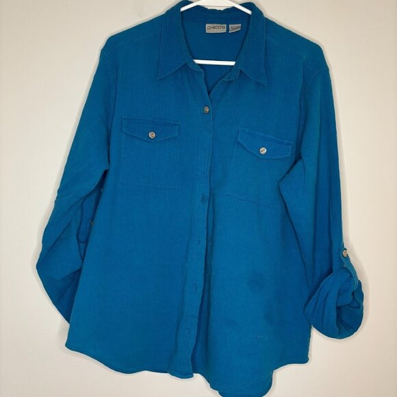 CHICO'S Blouse Women's 2 Medium Teal Roll Tab Sleeve Button Up Collared Casual - Picture 1 of 4